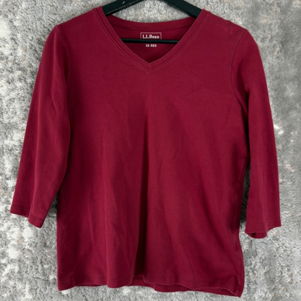LL Bean Size XS Minimalist V Neck Casual Top Red 3/4‎ Sleeve Pullover